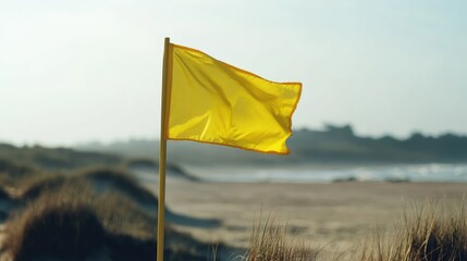 Yellow warning flag indicating cautious conditions at a coastal beach with a soft blurred background of sand and ocean.