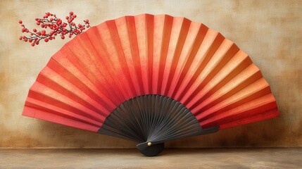 A decorative fan in gradient shades of red, complemented by a branch of berries.