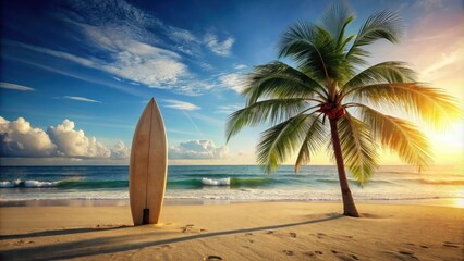 Surfboard and palm tree on sandy beach background , surfing, ocean, tropical, summer, vacation, relaxation, seascape