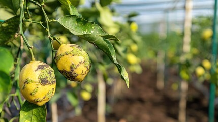 Lemon tree with leaf curl and disease symptoms in greenhouse during autumn sunny day in citrus orchard agricultural field