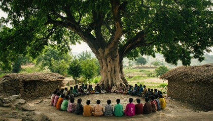 A Community Gathering Under a Grand Old Tree, Sharing Stories and Wisdom Amidst Rural Simplicity, Reflecting a Timeless Tradition of Connection and Togetherness