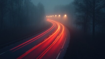A foggy road with illuminated curves and red light trails from vehicles.