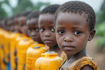 Children in Africa standing in line with water cans during the day