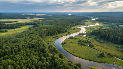Breathtaking Aerial Landscape of Tuchola Natural Park: River and Verdant Forest"
