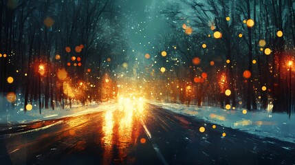 Soft blurred bokeh lights twinkling gently above a quiet forest road covered in snow evoking a tranquil seasonal holiday ambiance