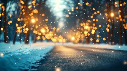 Soft blurred bokeh lights twinkling gently above a quiet forest road covered in snow evoking a tranquil seasonal holiday ambiance