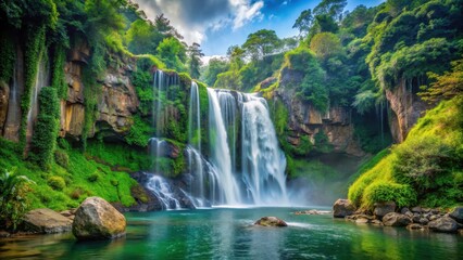 Fototapeta premium Beautiful waterfall surrounded by lush greenery and rocky cliffs in serene landscape , Waterfall, Cascading