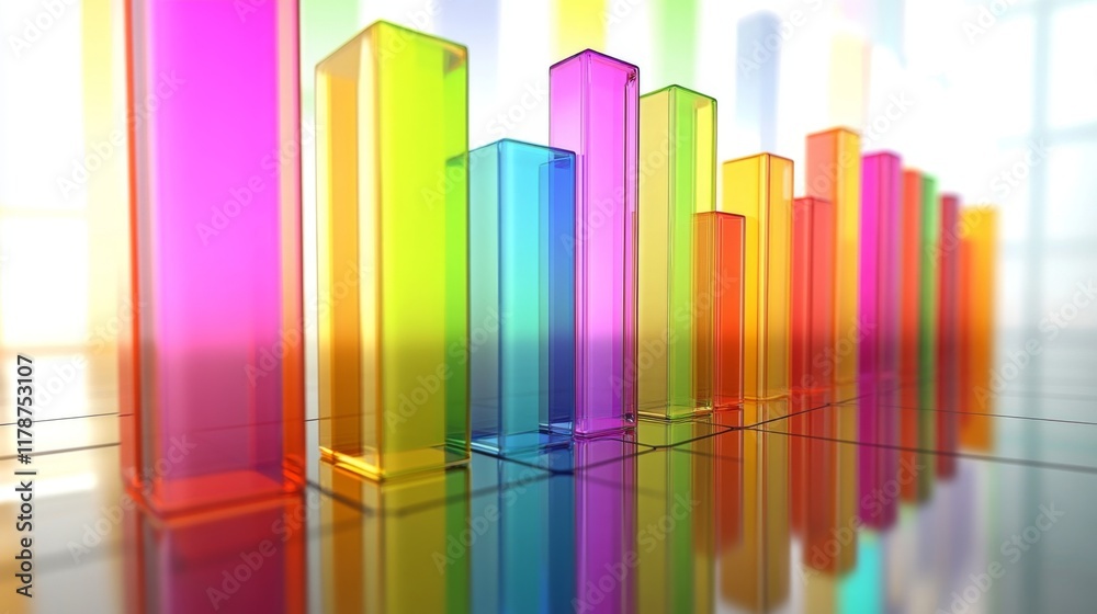 Poster a d bar graph with tall, glossy pillars in various colors rising from a reflective surface, symboliz