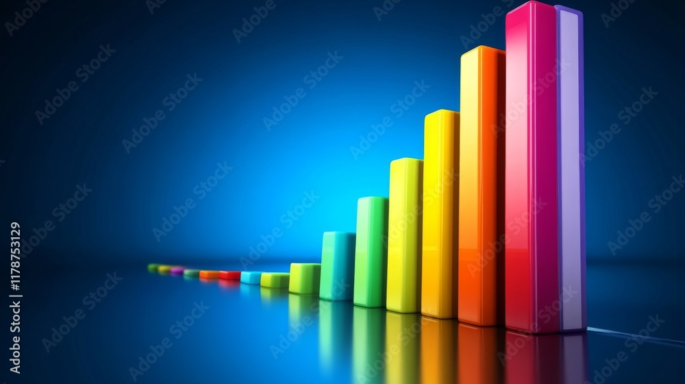 Aufkleber A D bar graph with tall, glossy pillars in various colors rising from a reflective surface, symbolizing financial growth and performance analysis