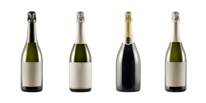 set of champagne bottles with empty blank label isolated on white background.png