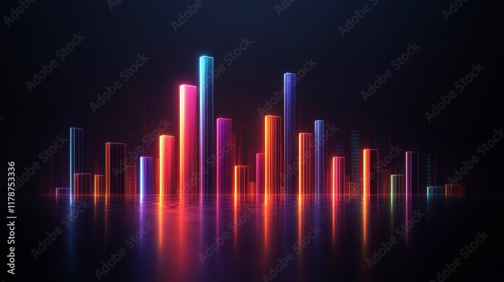 Poster a d financial bar chart with sleek, glowing bars rising dramatically against a dark backdrop, with s