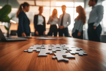 Team collaboration in a modern office with a puzzle on the table during a productive meeting