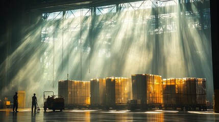 Sunlight beams illuminating a busy warehouse with stacks of pallets and workers in motion.