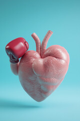 Heart raising boxing glove in sign of win on pastel background 
