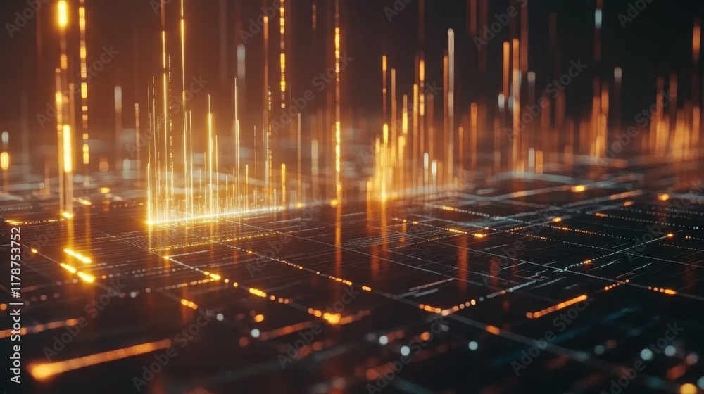 Poster a d financial chart with rising columns and a glowing trendline, placed over a sleek digital grid wi