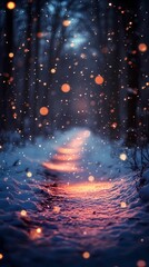 Soft blurred bokeh lights twinkling gently above a quiet forest road covered in snow evoking a tranquil seasonal holiday ambiance