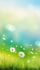 Obraz premium Beautiful wild flowers chamomile. Spring summer background. Landscape copy space, warm green colors and bokeh effect