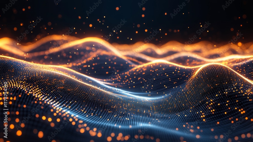 Fototapete A D financial line graph with smooth, curving lines connecting glowing points, showing a steady upward trend against a dark digital landscape
