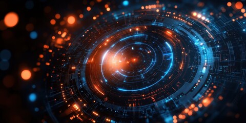 Obraz premium Futuristic digital interface with holographic neon orange and blue elements, sci-fi cyberpunk design