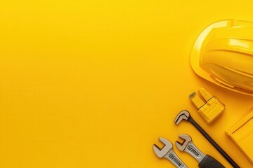 repairman handyman efficiency Concept. Yellow construction tools and a hard hat arranged on a vibrant background.
