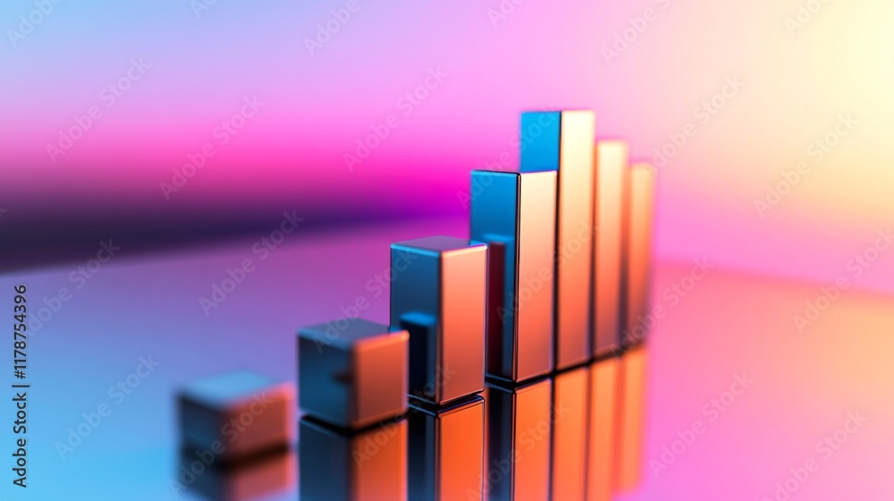 Fototapete a d stacked bar chart with metallic bars in ascending order, placed on a reflective surface, highlig