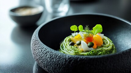 Spirulina-enriched pasta, isolated on a sleek black plate with minimalist garnish