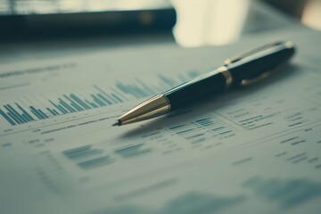 Business report preparation with pen and analytical charts at a desk in a bright office environment