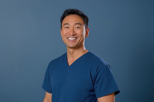 smiling male nurse wearing scrubs on the blue studio background