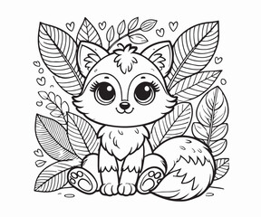 cartoon-style illustration of a baby fox sitting in front of large, overlapping leaves. suitable for a coloring book page