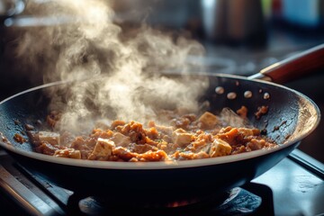 Cooking a flavorful dish in a frying pan with steam rising in a kitchen setting during daylight hours