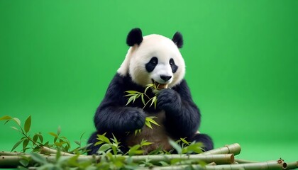 Fototapeta premium Adorable Panda Enjoying Bamboo: A Serene Green Studio Portrait