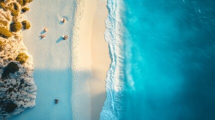 Aerial view of a pristine beach with crystal clear turquoise waters. Soft sand meets gentle waves in a serene coastal paradise. Enjoy the tranquility and beauty. Generative AI