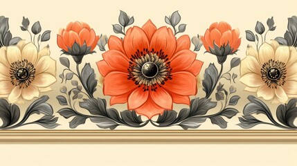 Elegant floral border with orange and cream flowers, gray leaves, and gold accents on a beige background.