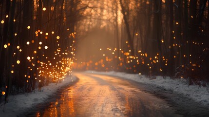 Enchanting winter forest road with glowing blurred bokeh lights background.