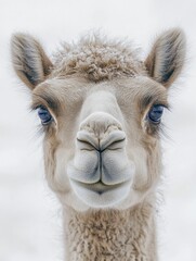 Fototapeta premium Close-up portrait of a young, curious llama with soft, pale fur and dark, expressive eyes, captured against a snowy, wintry backdrop, some snow clings to its head,