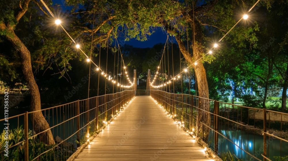 Poster a bridge framed by trees along the riverbank, with twinkling lights strung along the railings, creat