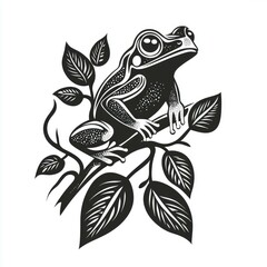 Obraz premium Elegant Black and White Frog Illustration: Nature, Wildlife, Amphibian, Leaves, Branch, Artistic, Creative, Symbolic, Detailed Vector Graphic