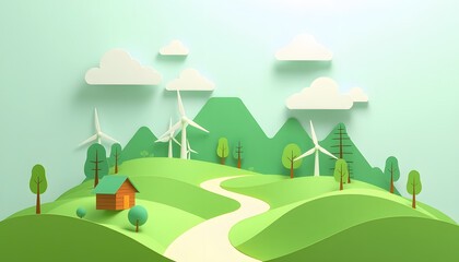 Green energy concept - 3d rendering, flat papercut style, with white tones