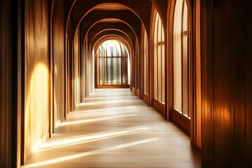 Obraz premium Tranquil Elegance: Sunlit Wooden Arched Hallway Interior