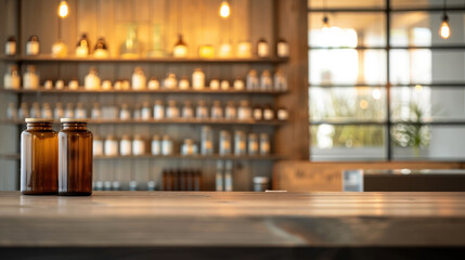 Tranquil scene of vintage pharmacy with amber jars and warm lighting