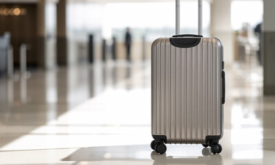 Close-up of a modern suitcase with a sleek hard-shell design and metallic finish