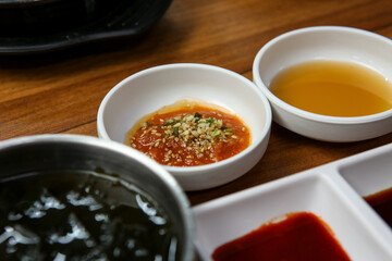 Korean sauce. Ssamjang and sesame oil