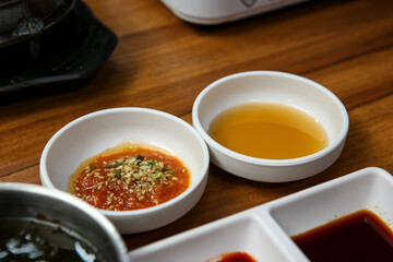 Korean sauce. Ssamjang and sesame oil
