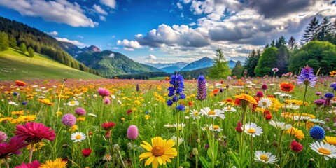 Fototapeta premium Vibrant wildflowers in full bloom against a backdrop of lush green meadow, Spring, beauty, colors, blooming, flowers, meadow