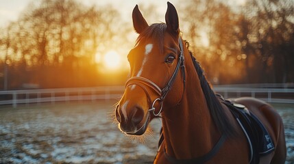 Obraz premium A horse stands in a field at sunset, showcasing its beauty against a vibrant sky.