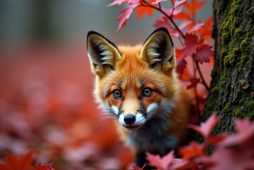 Fototapeta premium A fox stands among vibrant autumn leaves