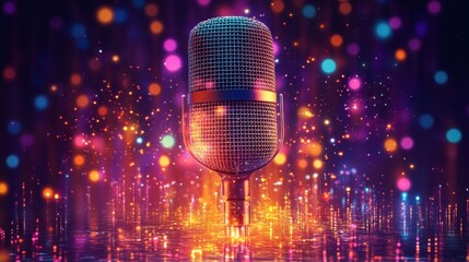 Retro microphone on vibrant stage with bokeh lights.