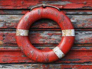 Lifeguard tower, red weathered lifebuoy on wooden wall with peeling paint, nautical vintage rescue