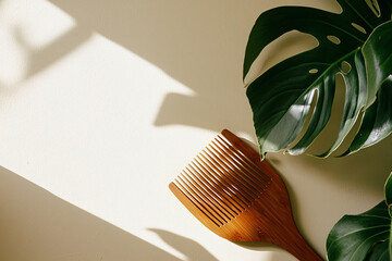 artisanal wooden comb detail, dramatic monstera arrangement, beige surface