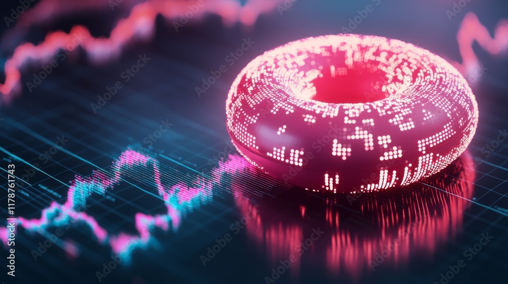 Poster A close-up of a futuristic D donut chart with segmented, glowing parts, floating above a digital grid, representing complex financial data